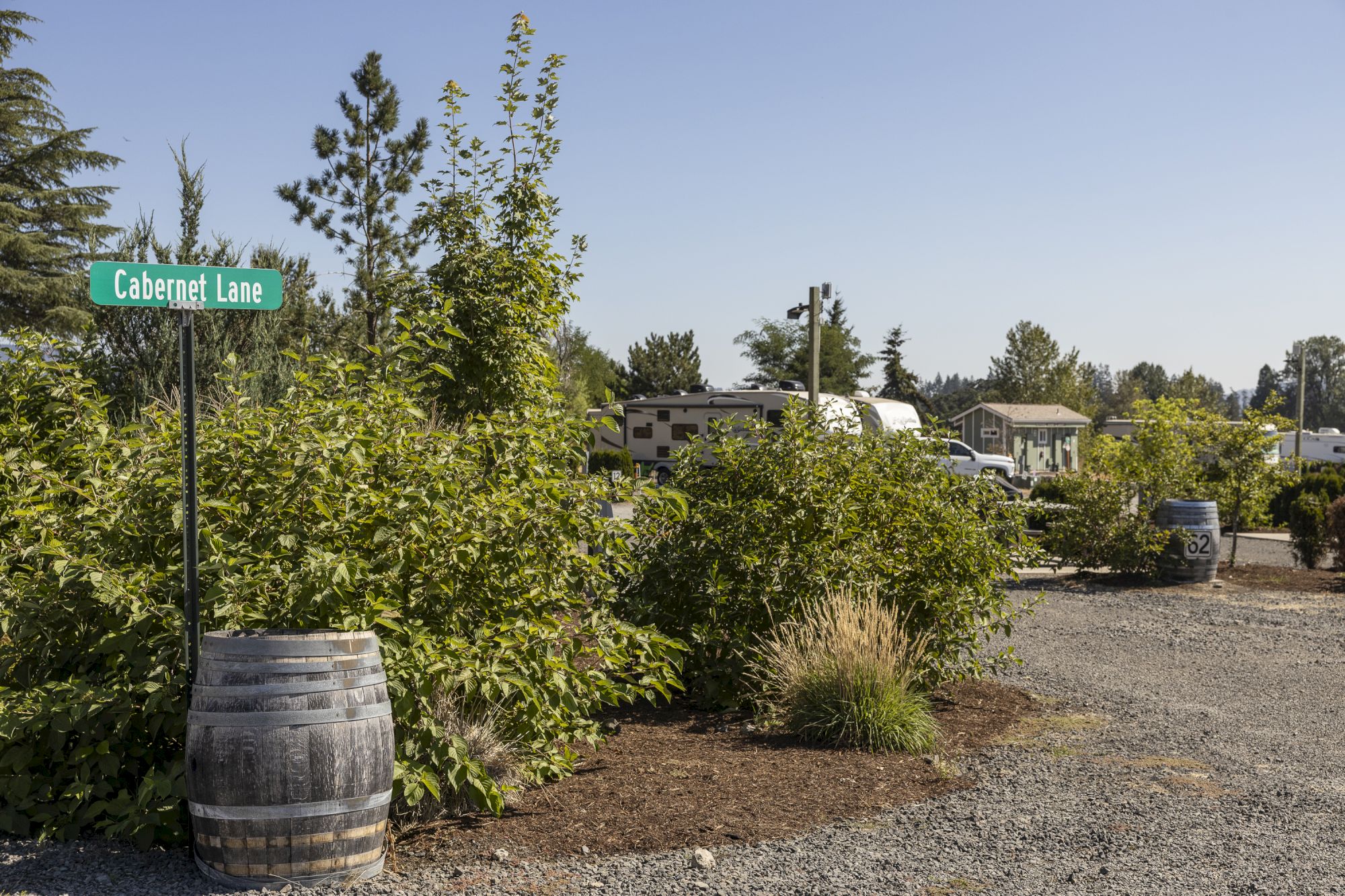 A green &ldquo;Cabernet Lane&rdquo; sign marks a landscaped road where RVs are parked among trees and shrubs, under a clear blue sky.