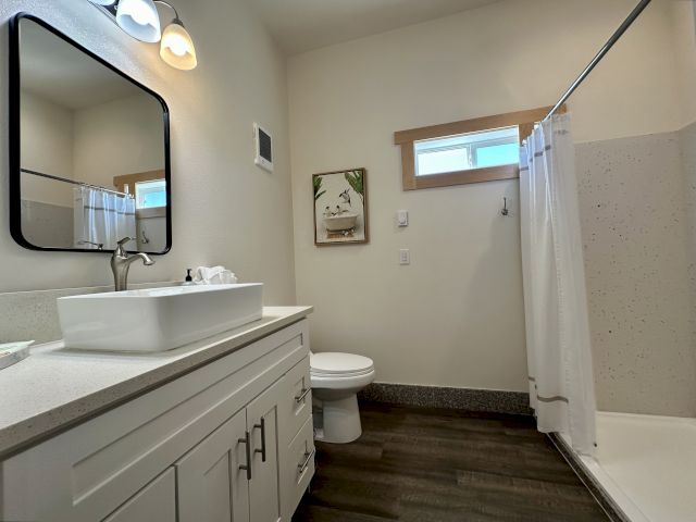A modern bathroom with a white sink on a vanity, a toilet, a mirror, a shower with a curtain, and a small window.