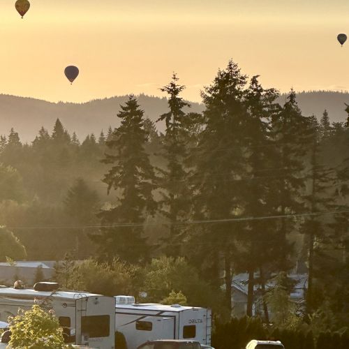 Hot air balloons float in the sky above a forested area with RVs and cars below during a serene sunset.