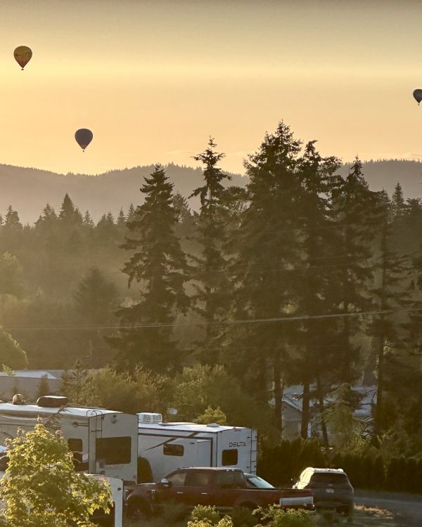 Hot air balloons float in the sky above a forested area with RVs and cars below during a serene sunset.