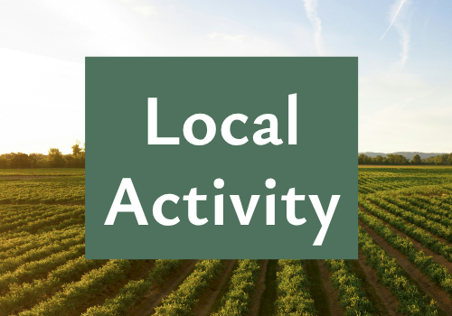 A green sign reading &ldquo;Local Activity&rdquo; over a sunny field of crops under a blue sky.