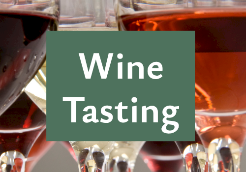 A photo of wine glasses and a red wine pour, with the text &ldquo;Wine Tasting&rdquo; in the center, ending the sentence.
