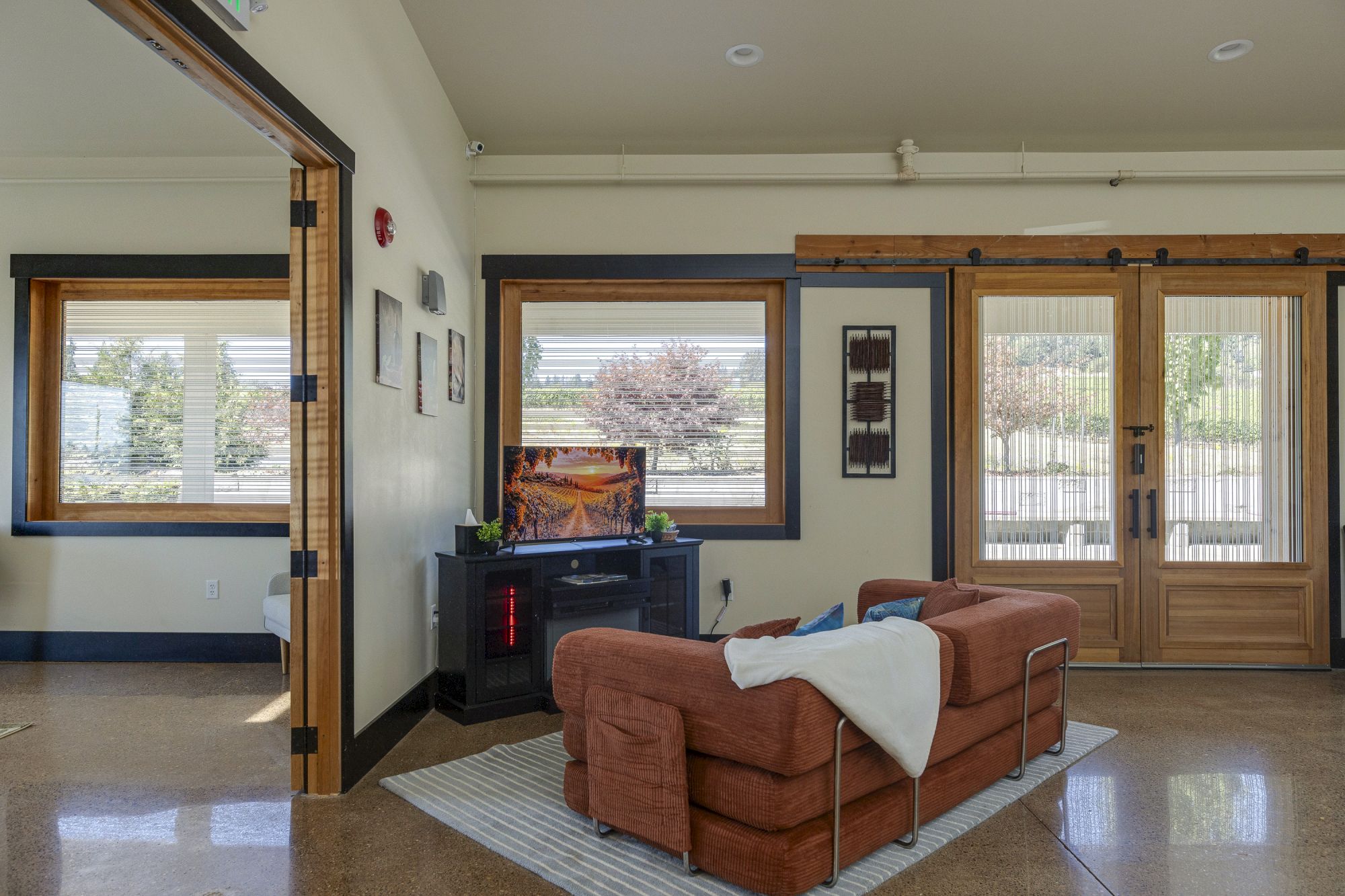 A cozy living room with an orange sofa, a TV/fireplace cabinet, and wooden-framed windows and double doors.